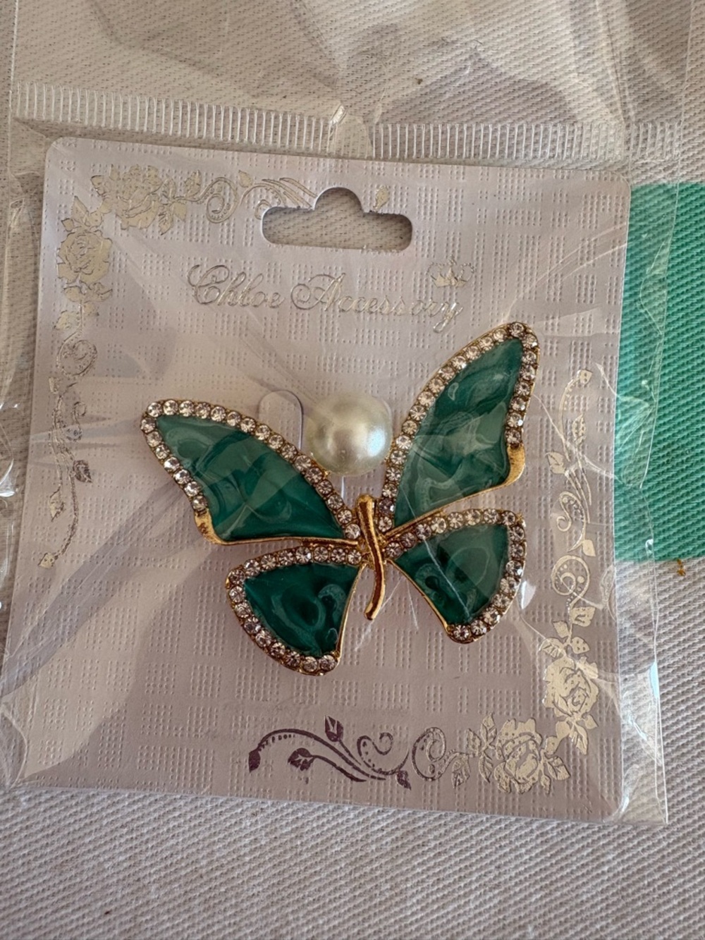 Green Butterfly Brooch with Pearl Accent